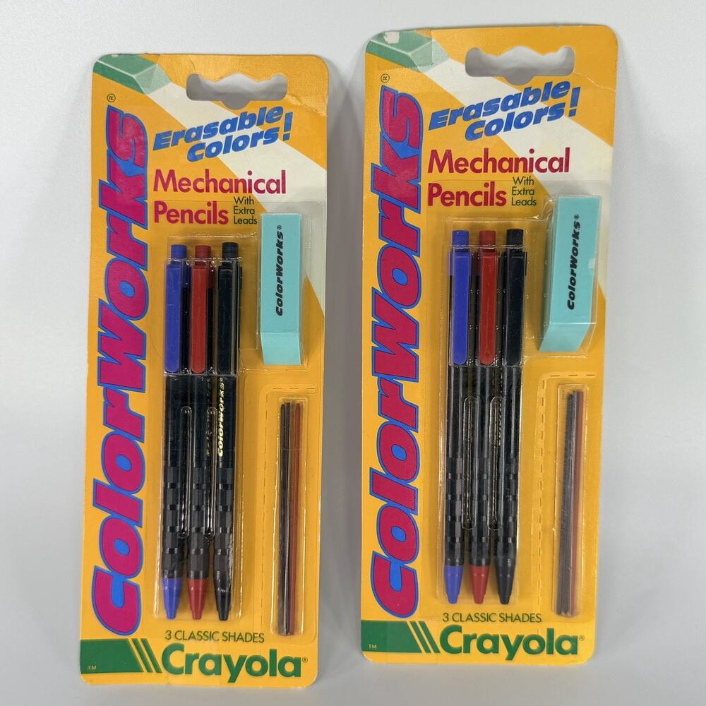 Lot 2 Vtg 1990 Crayola Mechanical Pencils Color Works Erasable 3ct NEW